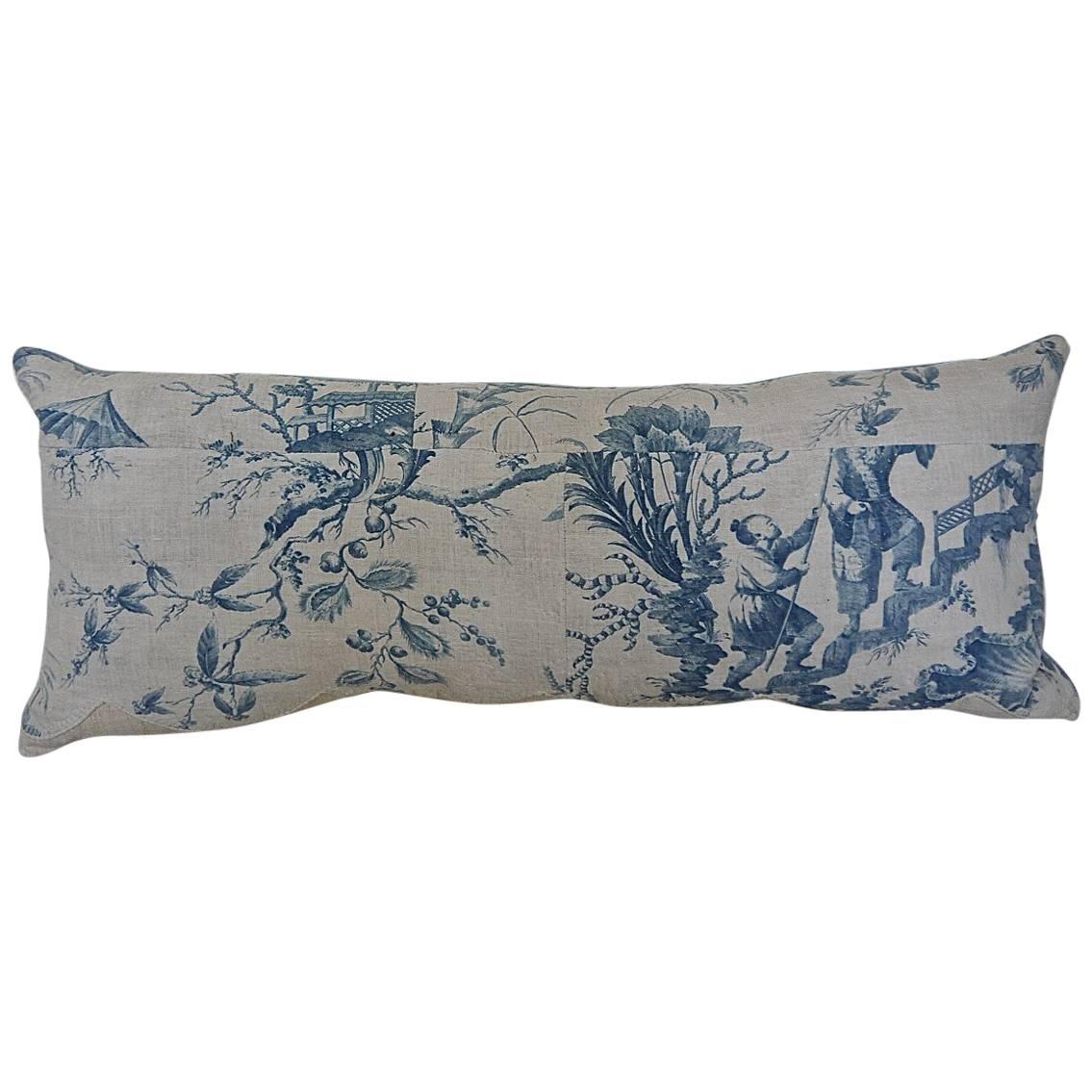 18th Century French Antique Chinoiserie Toile Blue and White pillow