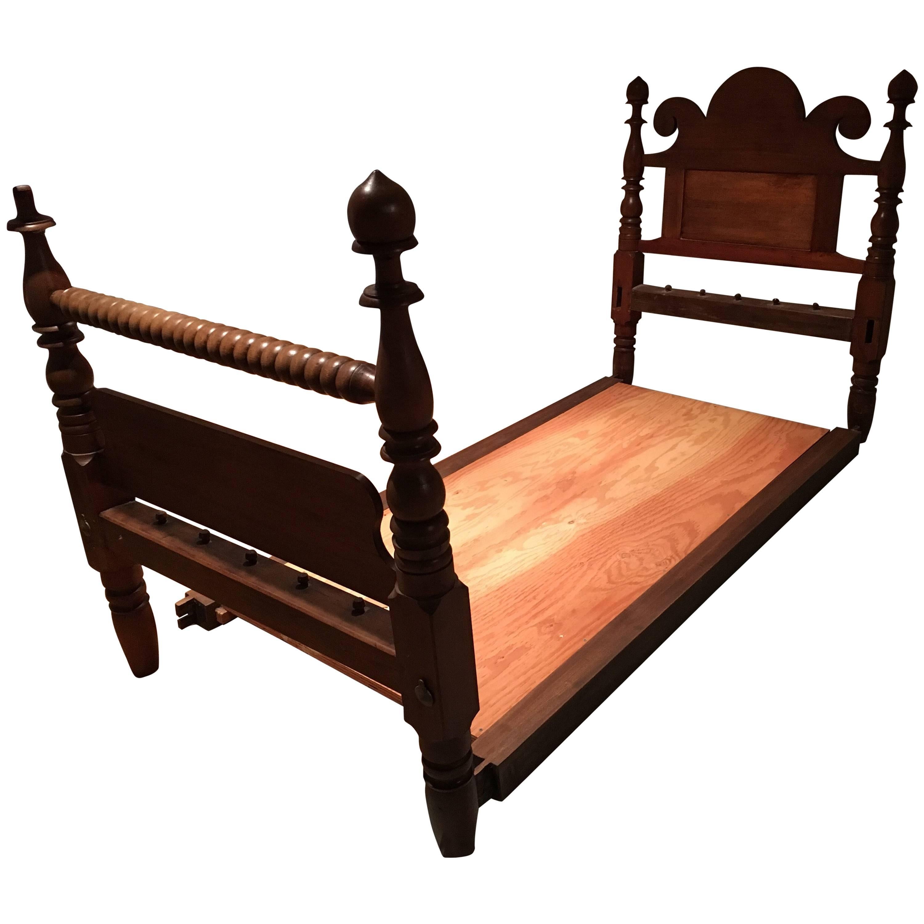 American Twin Size Poster Bed with Fleur-de-Lys Back, circa 1890