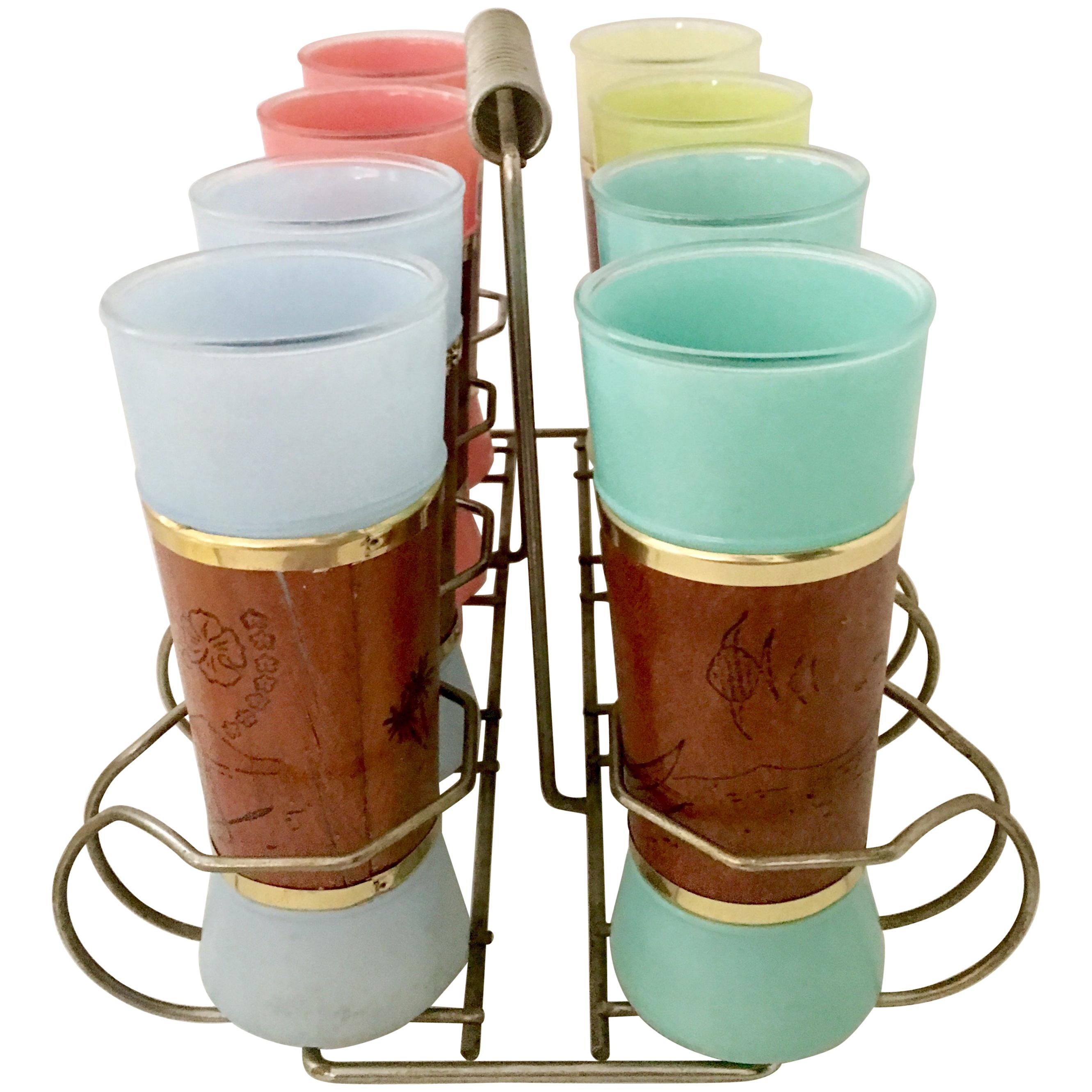 1950'S Frosted Glass, Brass & Mahogany Wrapped Tumbler Set Of Nine