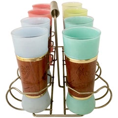 Retro 1950'S Frosted Glass, Brass & Mahogany Wrapped Tumbler Set Of Nine