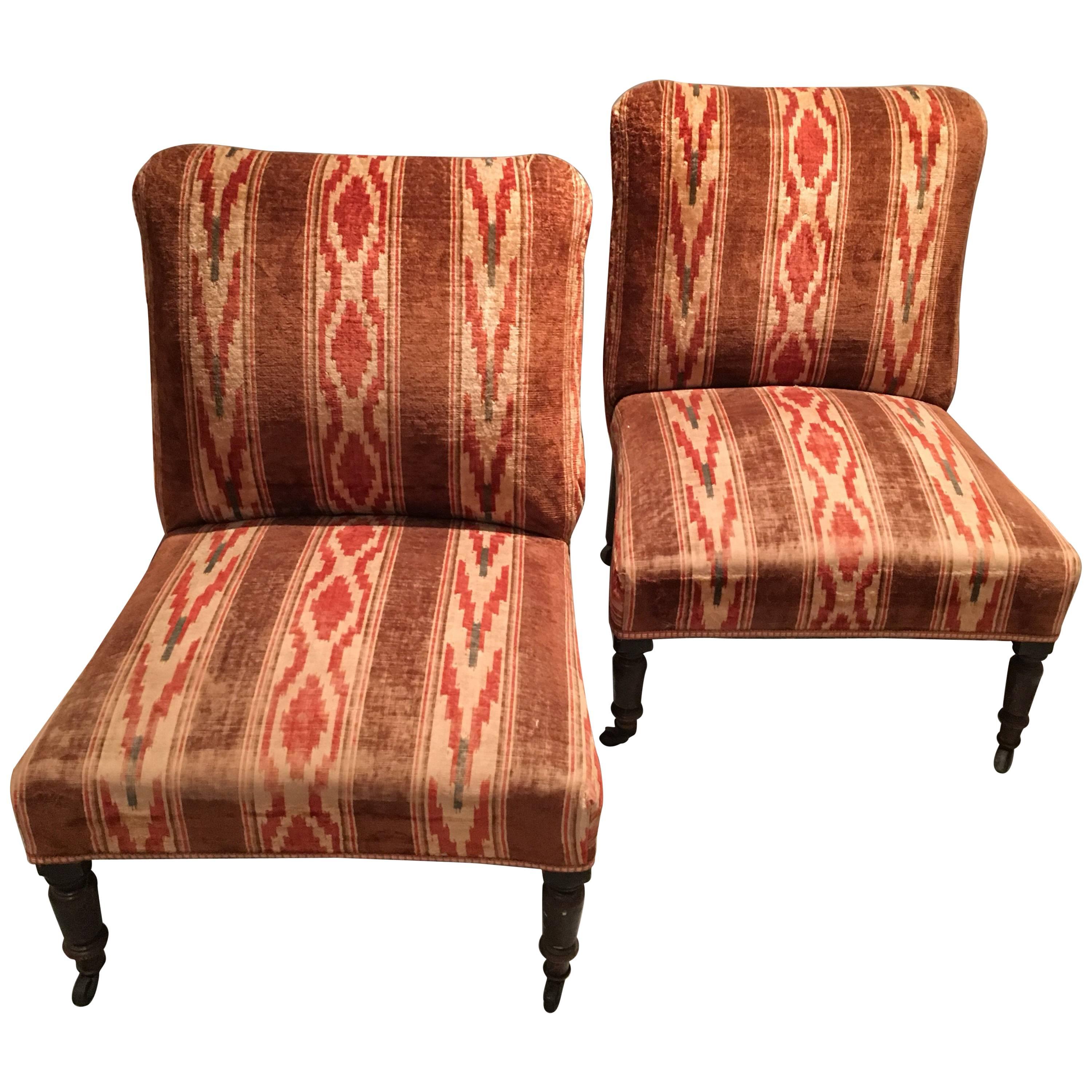 Pair of English Velvet Upholstered Slipper Chairs with Turkish Corners