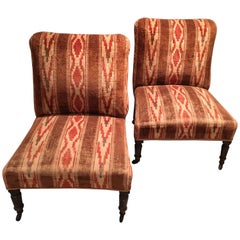 Antique Pair of English Velvet Upholstered Slipper Chairs with Turkish Corners