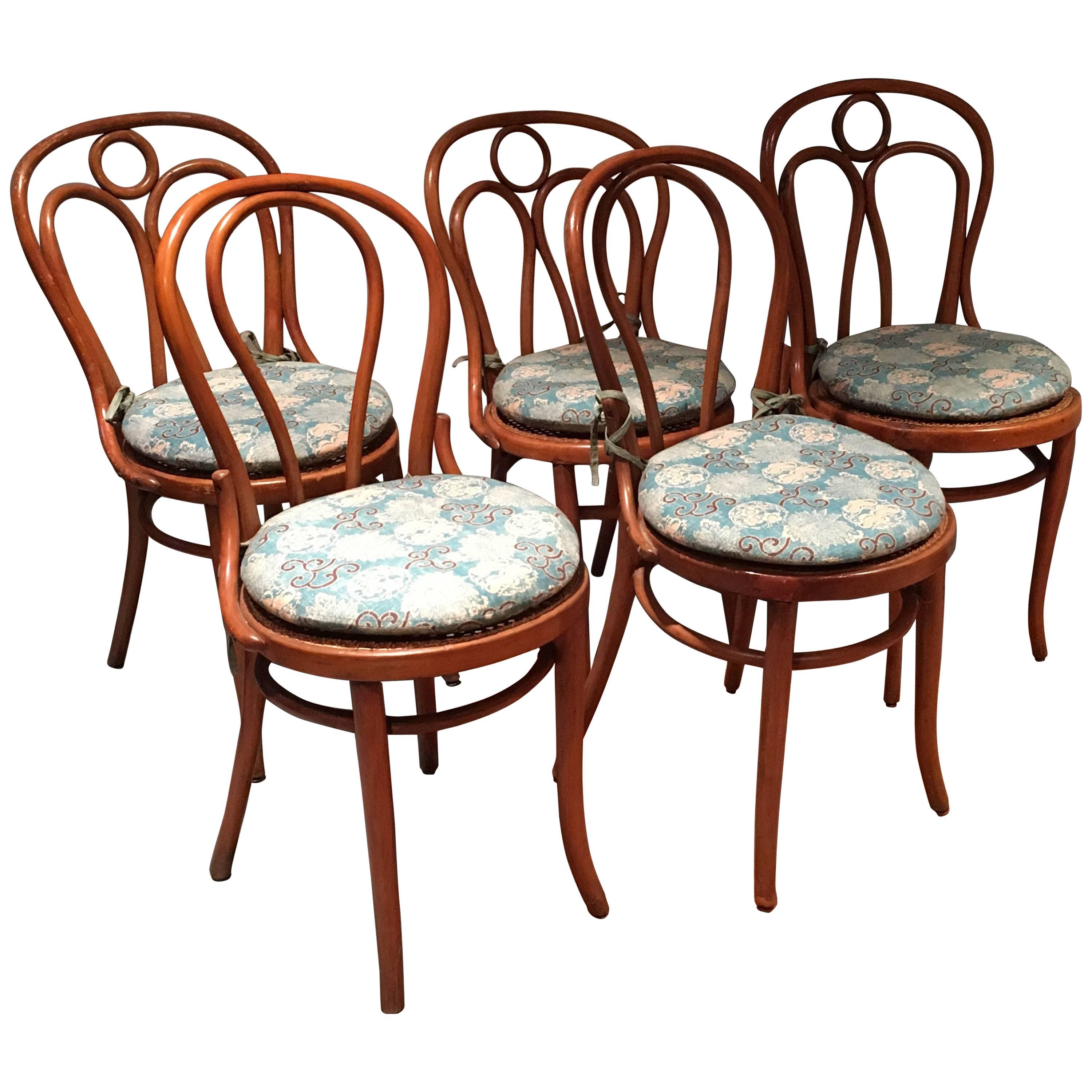Set of Seven Mismatched Thonet Style Bentwood Side Chairs with Cushions