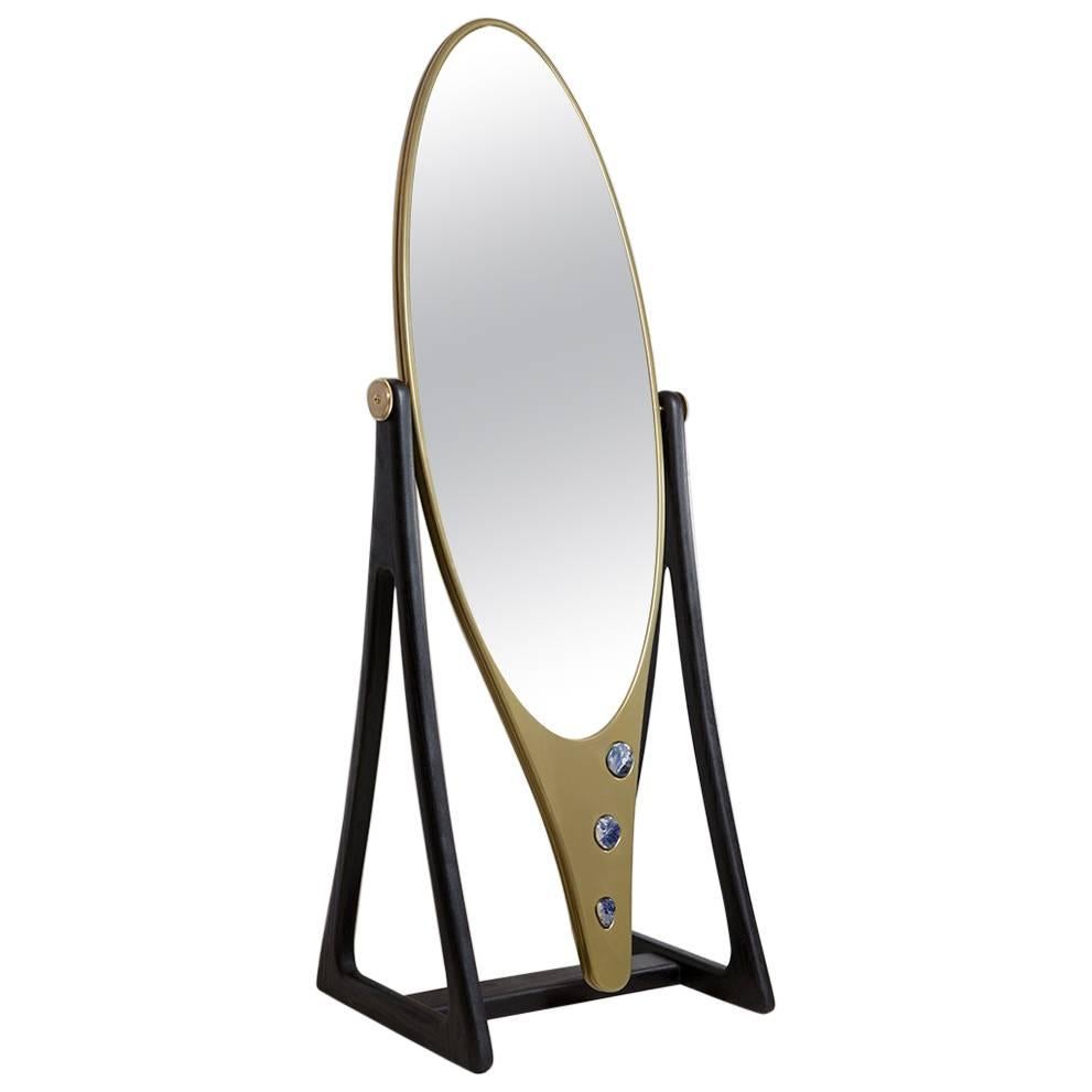 Limited Edition Kookie Mirror in Blackened Oak, Corian and Sodalite Stones Inset For Sale