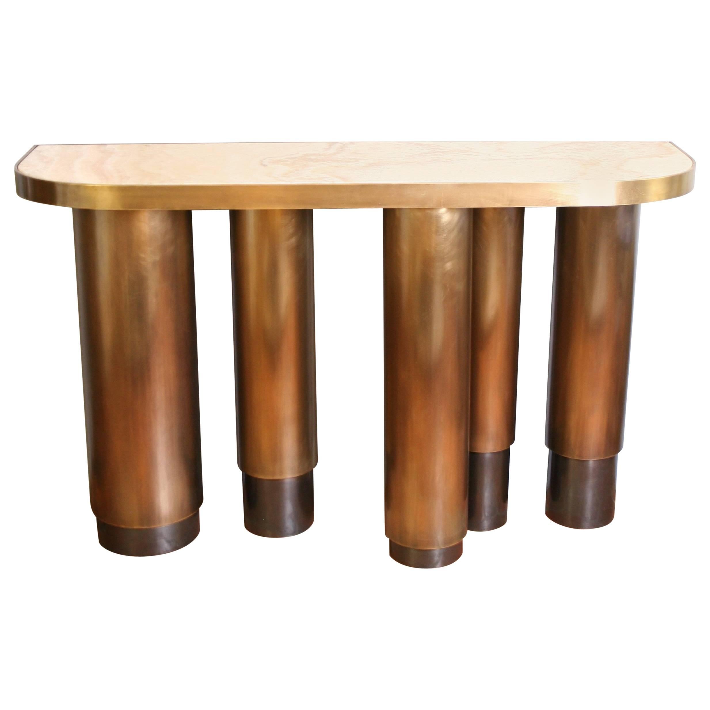 Console in Patinated Brass with Onyx Top, Columnae by Arriau