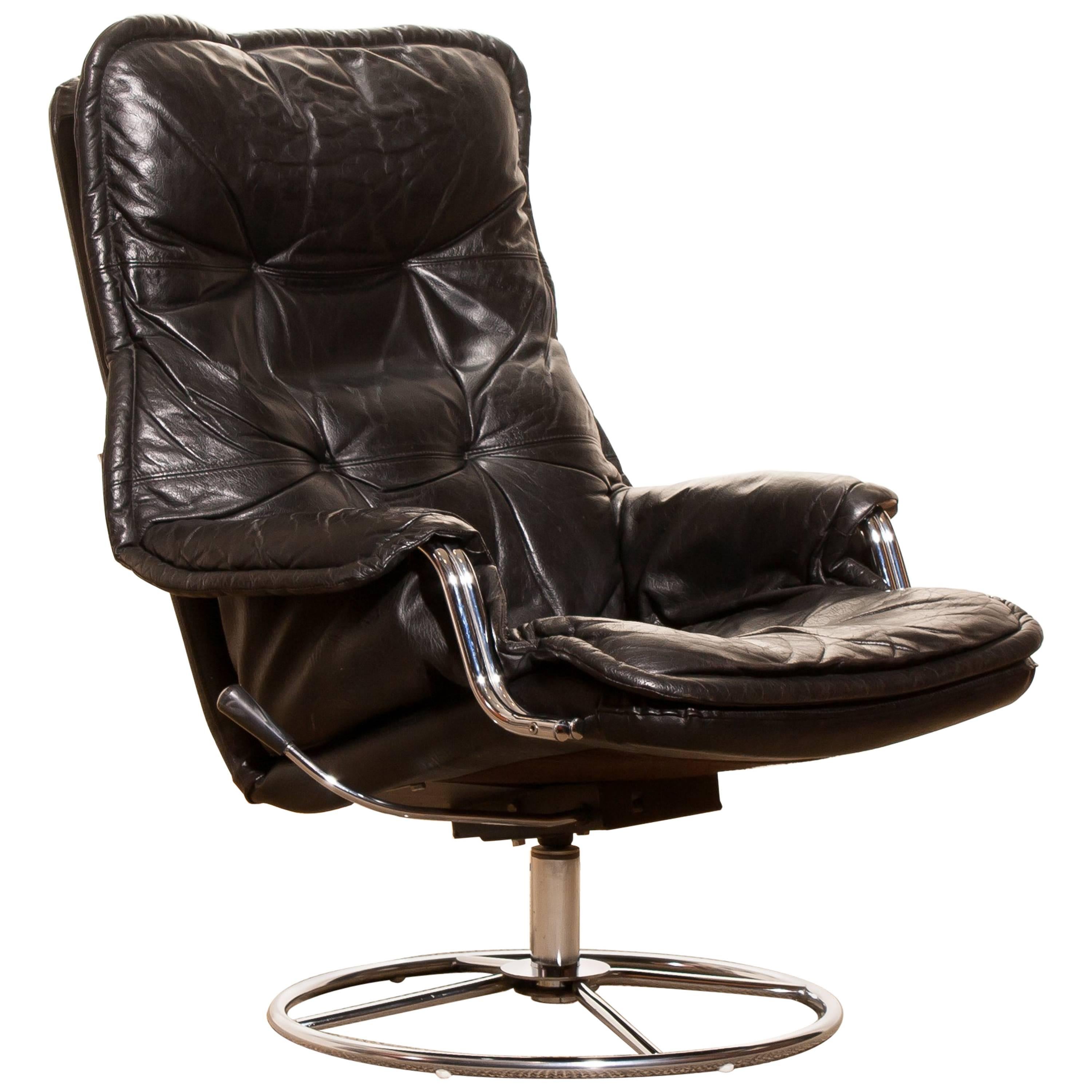 1970s, Black Leather Swivel Chrome Steel Lounge Chair , Sweden