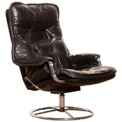 1970s, Black Leather Swivel Chrome Steel Lounge Chair , Sweden