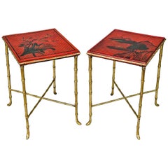 Antique Harequin Pair of Chinoiserie Red Lacquered Side Tables