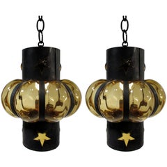 Pair of Filipe Delfinger Mexican Modernist Imprisoned Glass Pendant Lamps Feders