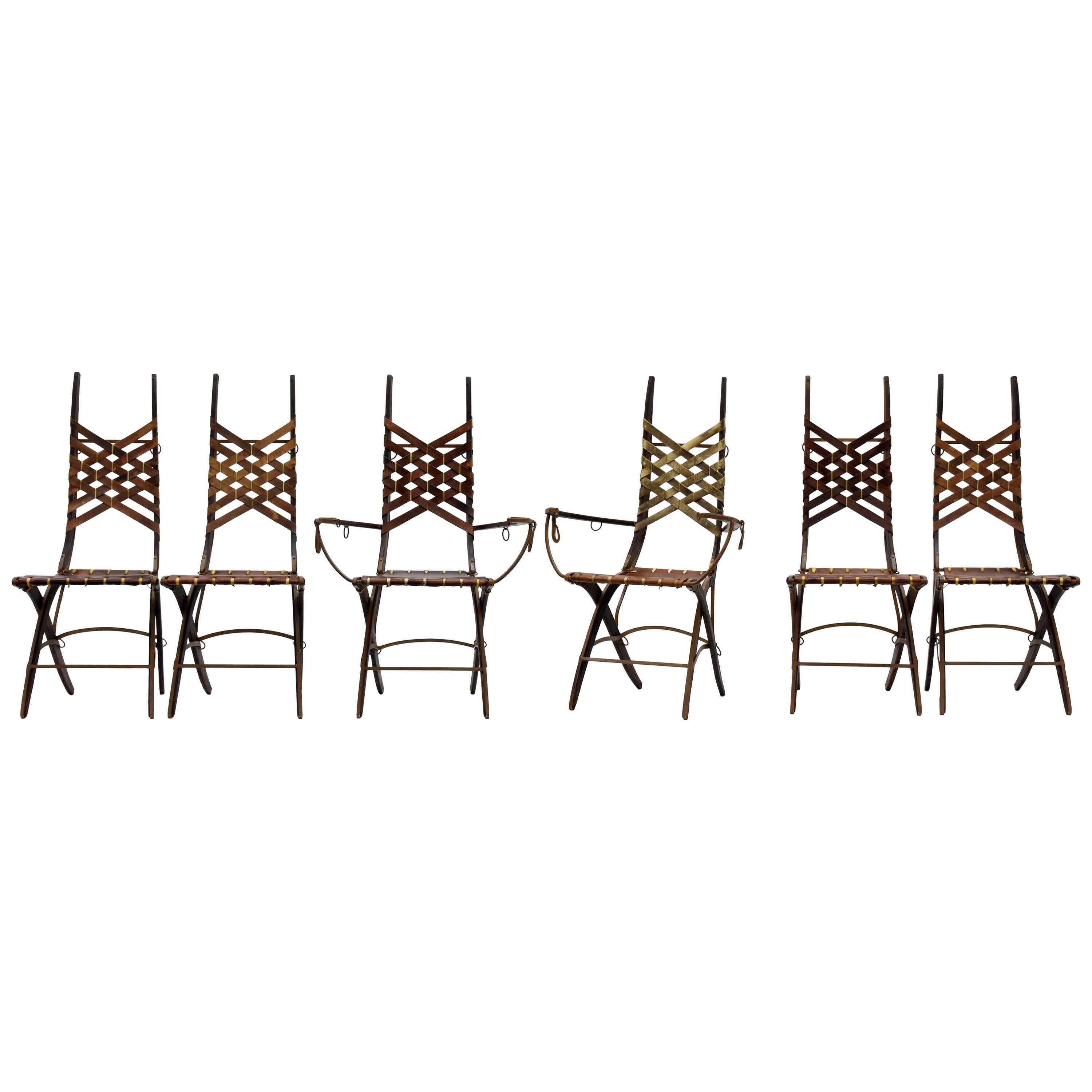 Alberto Marconetti, Six Dining Chairs, Iron, Oak, Leather, Italy, circa 1960