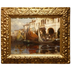 View of the Rialto Market in Venice, circa 1900, Italian School Oil on Cardboard