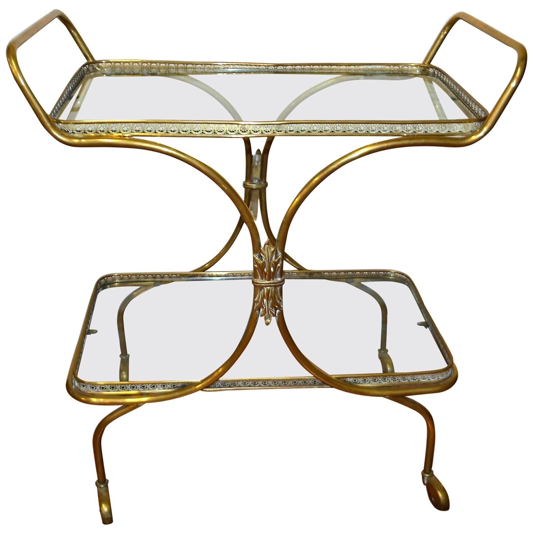 European Neoclassic Style, Decorative Brass Bar Cart with Two Glass Trays For Sale