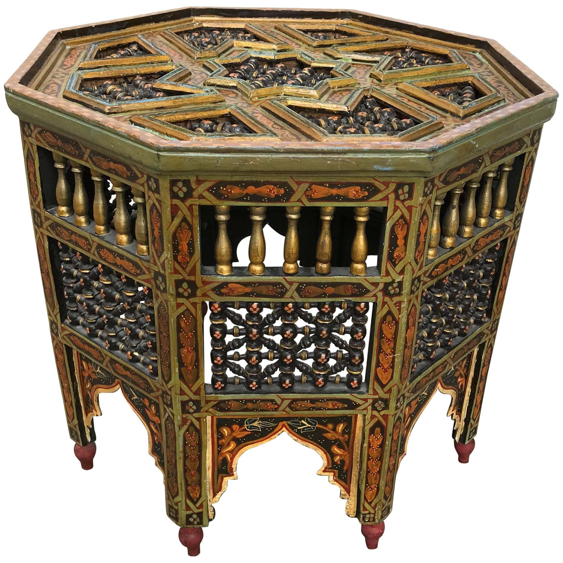 Moroccan Carved and Painted Octagonal Side Table