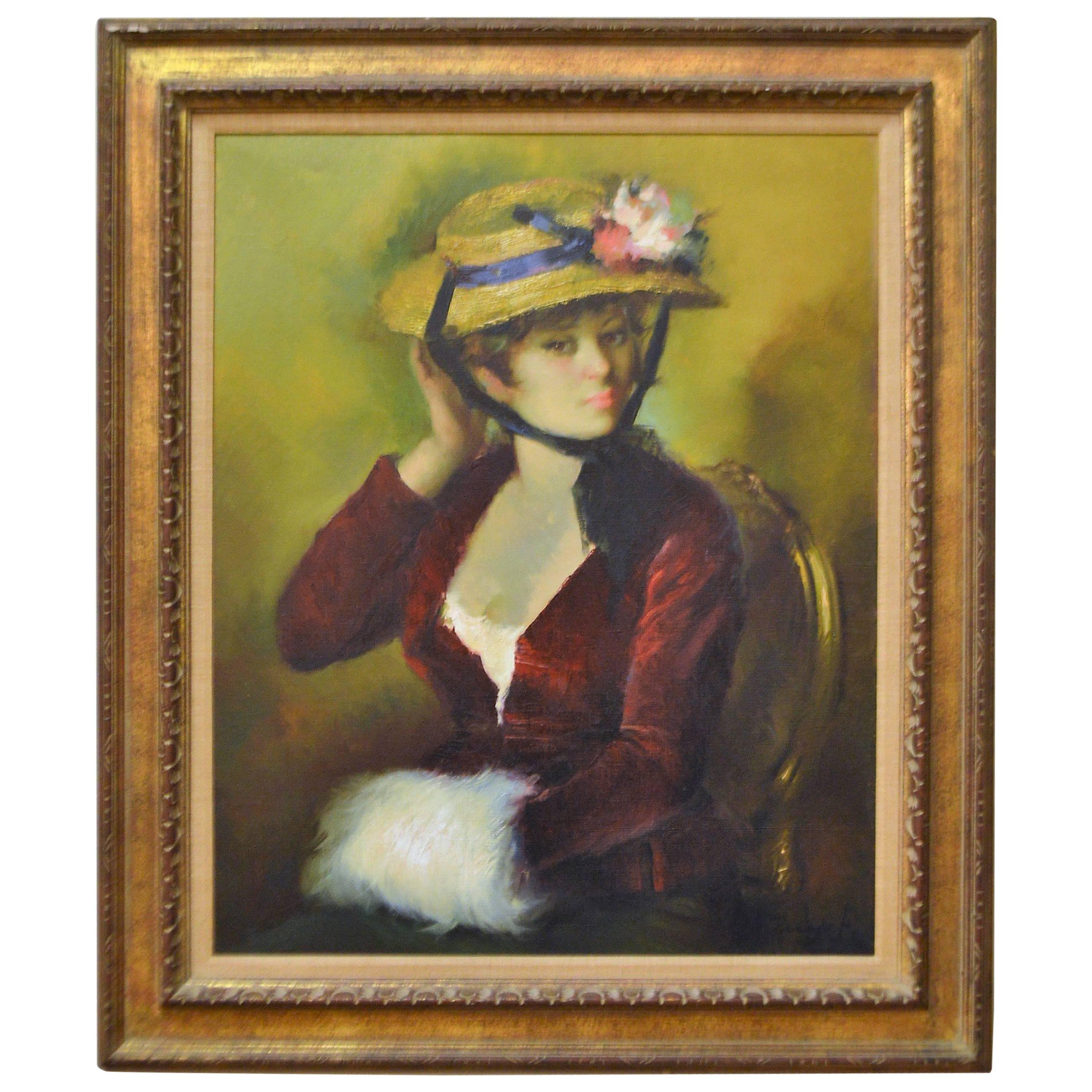 20th Century Framed Oil Painting, Colorful Portrait of a French Women with Hat For Sale