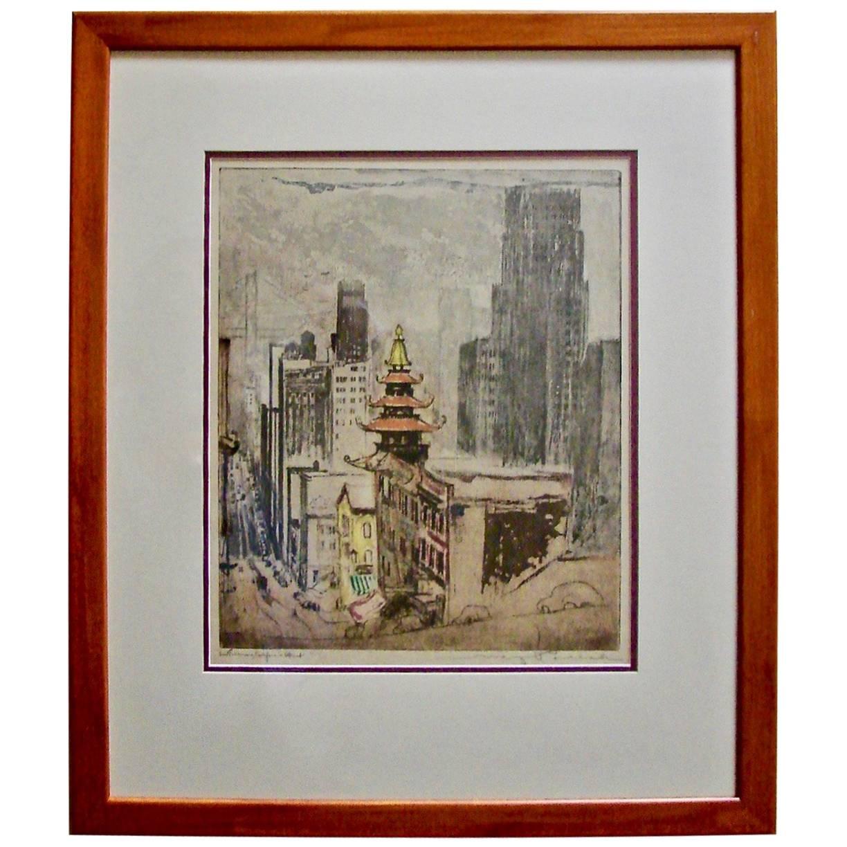 Max Pollack (1876-1970) Colored Etching of California Street in San Francisco 