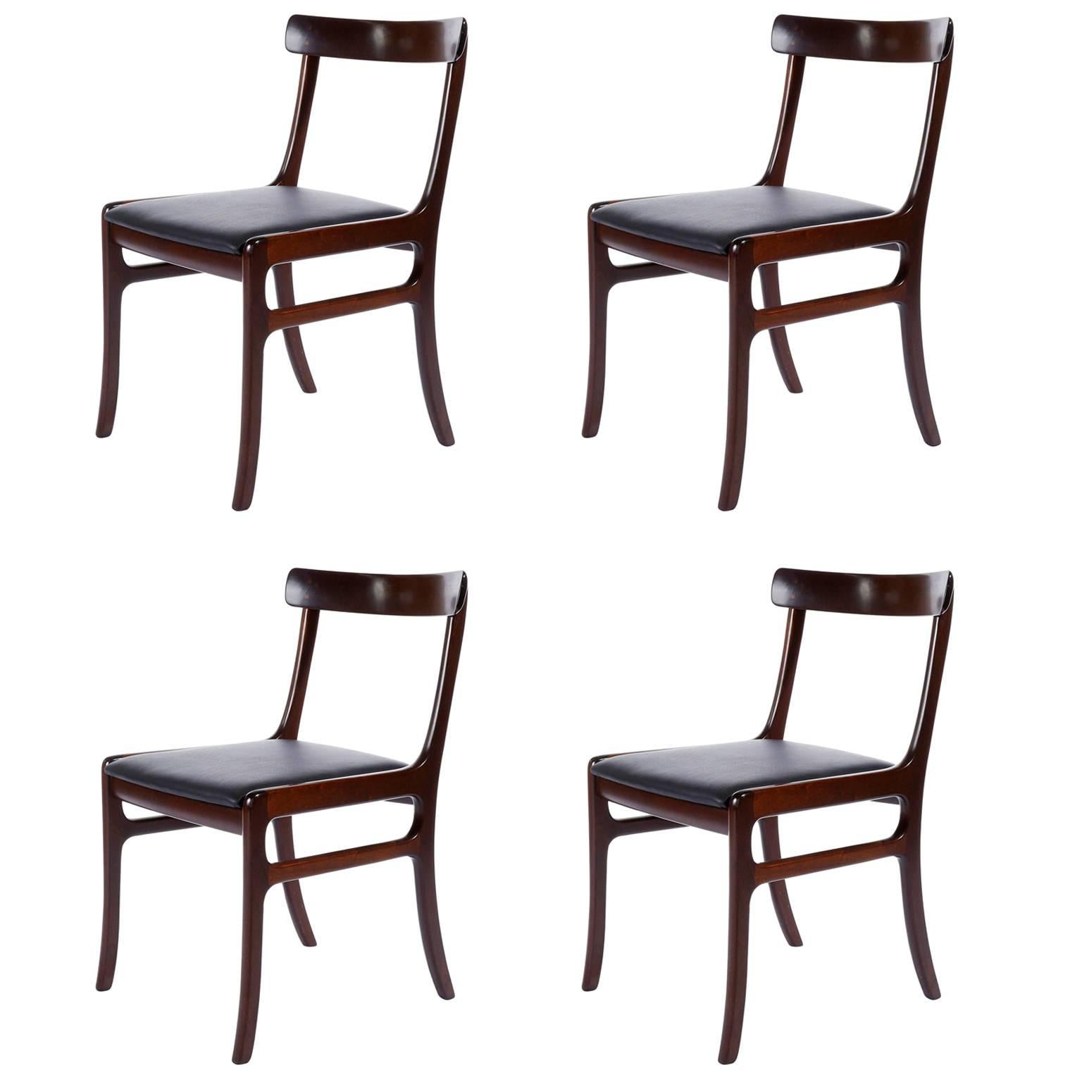 Set of Four Ole Wanscher Dining Chairs Rungstedlund Mahogany Black Leather 1960s