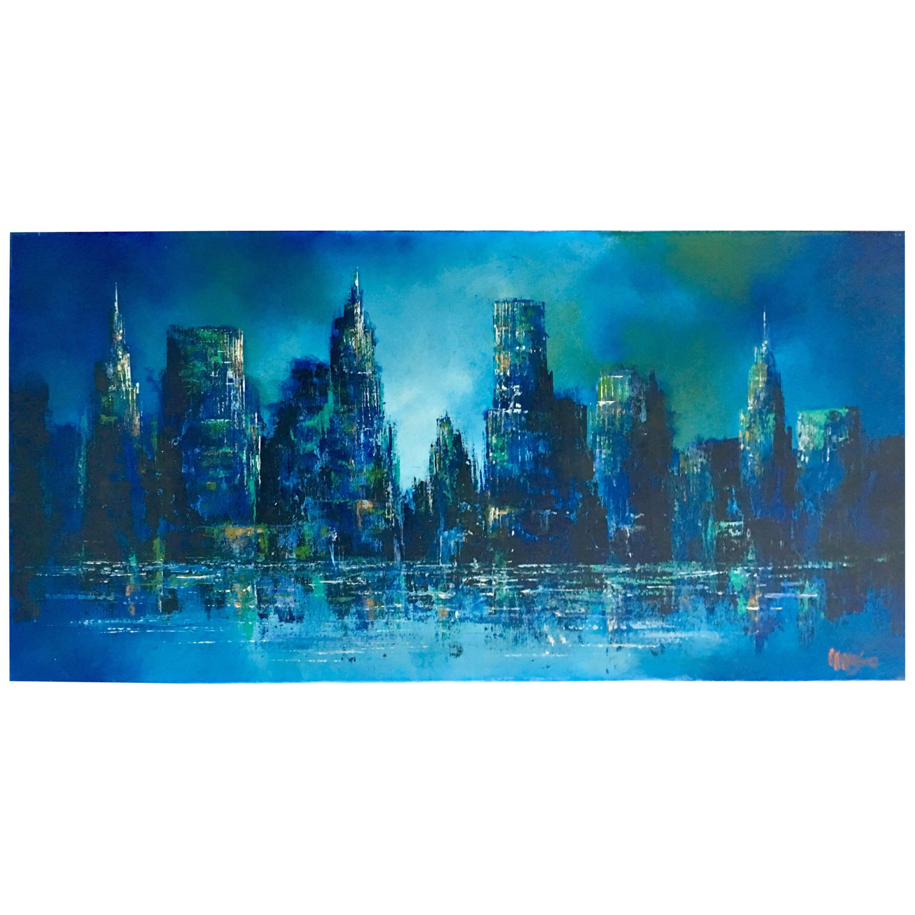 Mid-Century Modern Original Oil On Canvas "Cityscape" Painting Signed For Sale