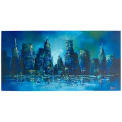Mid-Century Modern Original Oil On Canvas "Cityscape" Painting Signed