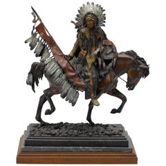 Native American Indian Chief on Horseback Bronze Sculpture, Circa 1991
