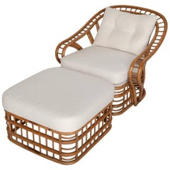 Fully Restored Bamboo Lounge Chair and Ottoman