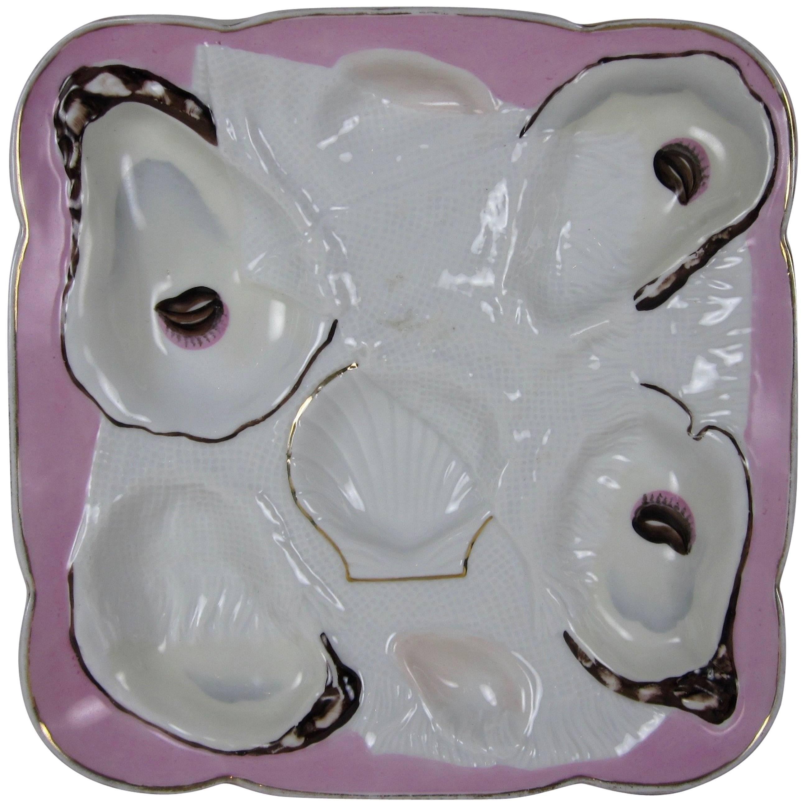 Trompe L'oeil Fringed Napkin over Shells Square Pink Porcelain Oyster Plate