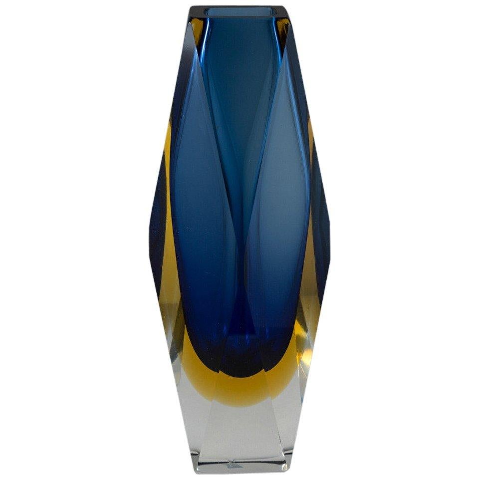 Large Rare Faceted Murano Sommerso Glass Vase For Sale