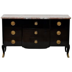 Marble-Top French Louis XV Style Chest of Drawers in Black Lacquer Finish