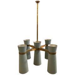 Italian Architectural Mid Century Enameled & Brass Tiffany Blue Chandelier