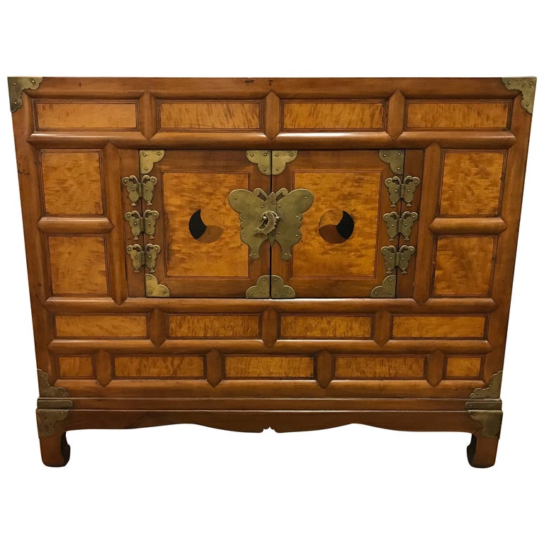 Antique Korean Tansu Chest Xi Dynasty Maple Wood Persimmon Inlay For