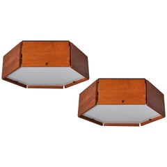 Two Teak and Acrylic Hexagonal Flushmount Ceiling Lights by Reggiani