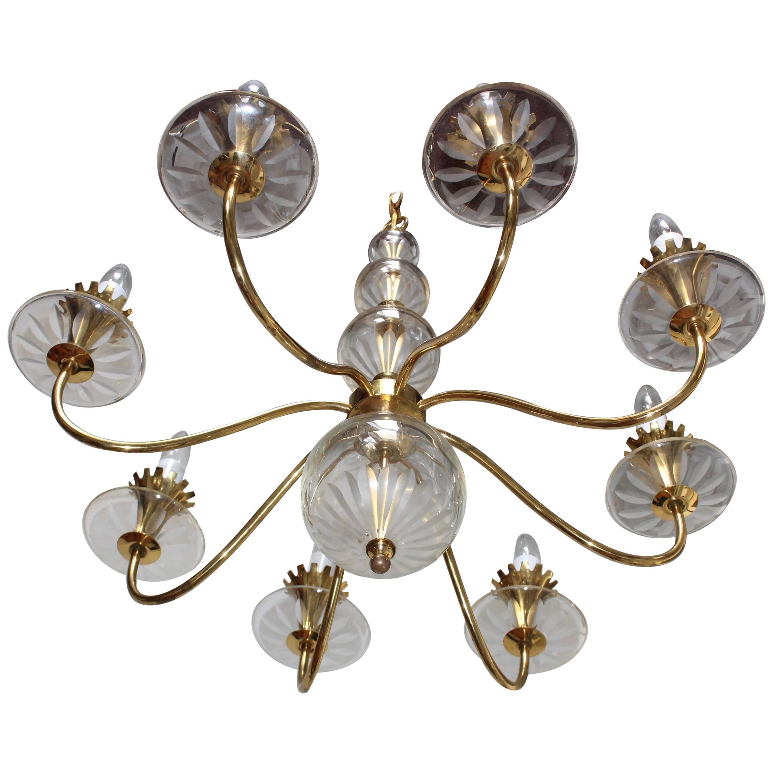 1950s Brass and Etched Glass Chandelier by Lightolier