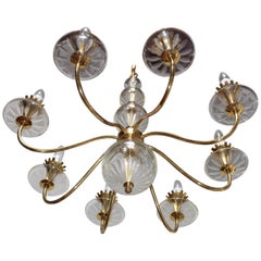 1950s Brass and Etched Glass Chandelier by Lightolier