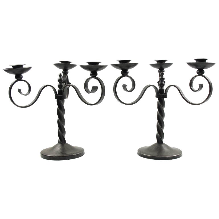 French Charles Piguet Pair of Wrought Iron Candelabra CandleHolders at