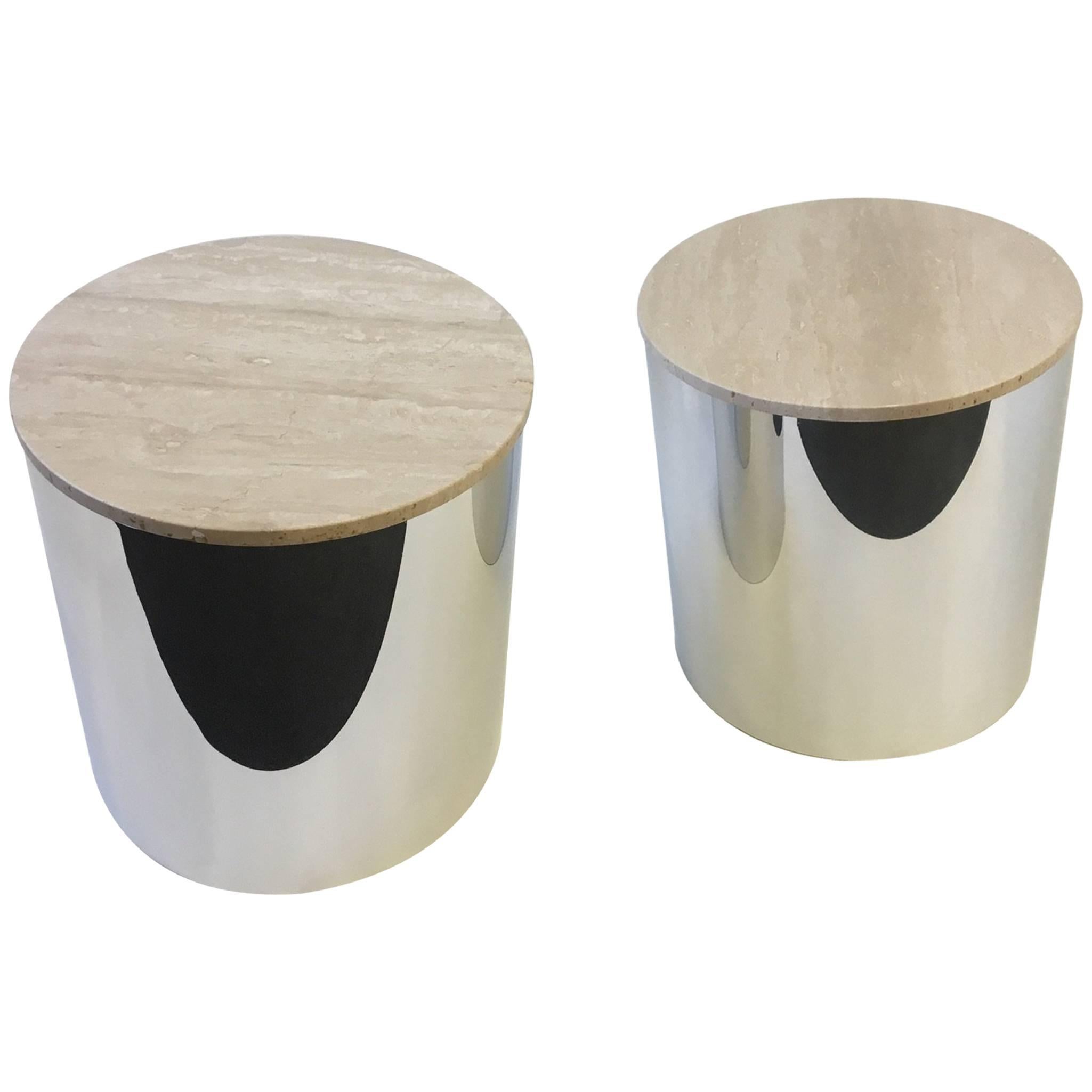 Pair of Italian Travertine and Polished Aluminum Drum Tables by Paul Mayen