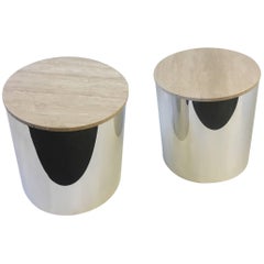 Vintage Pair of Italian Travertine and Polished Aluminum Drum Tables by Paul Mayen