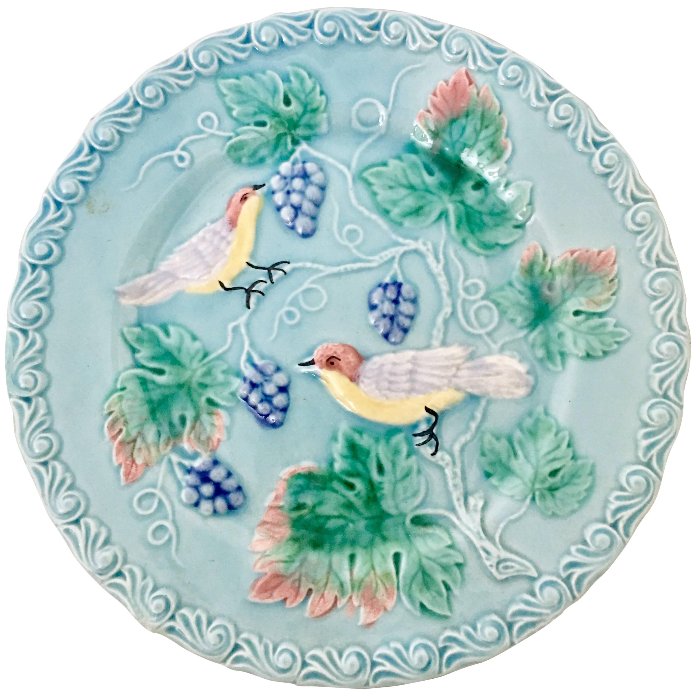 Antique German Majolica "Bird & Vine" Turquoise Plate-Signed