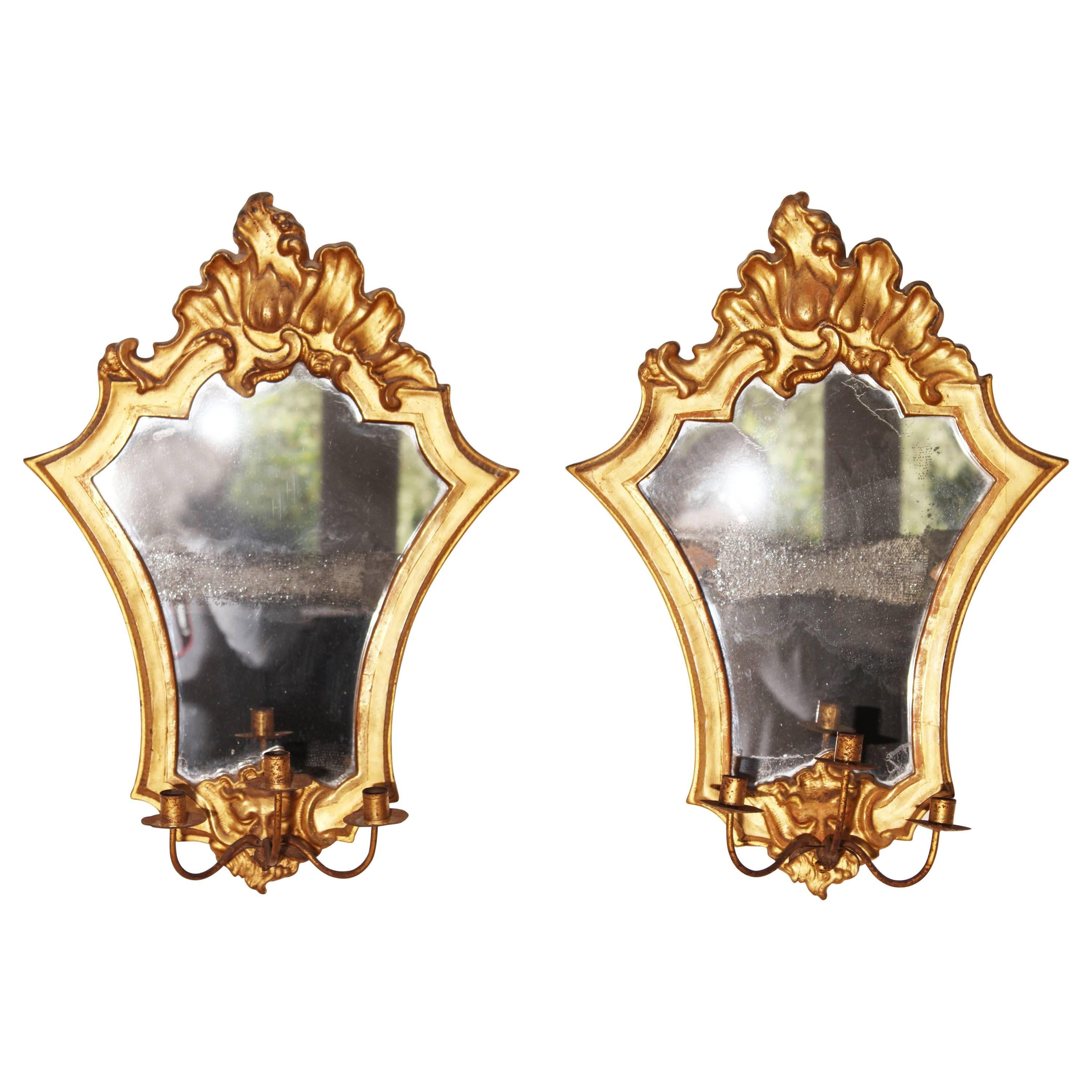 1700s, Pair of Gold Giltwood Wall Mirrors and Sconces