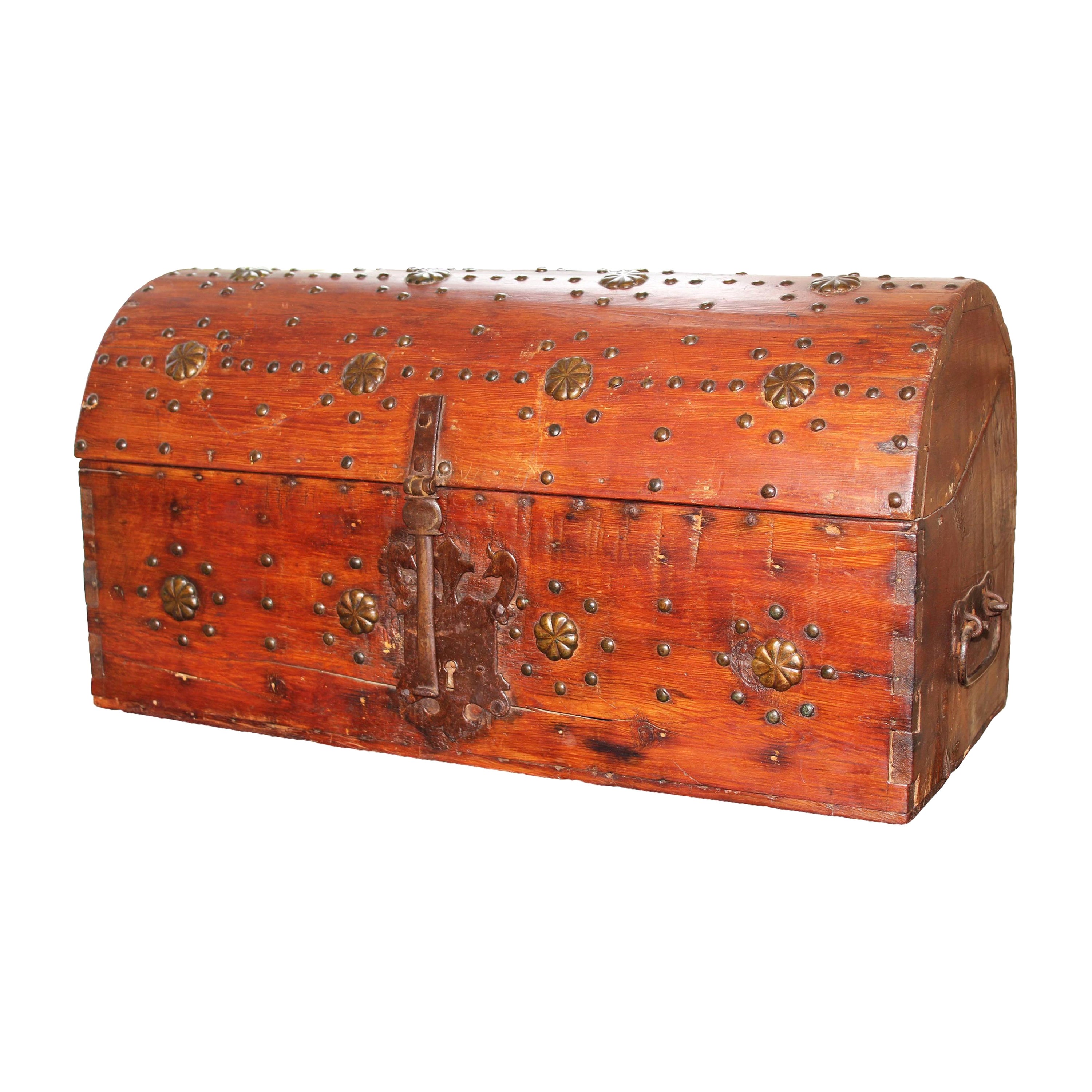 1700s, Spanish Wooden Chest with Iron Decorations For Sale