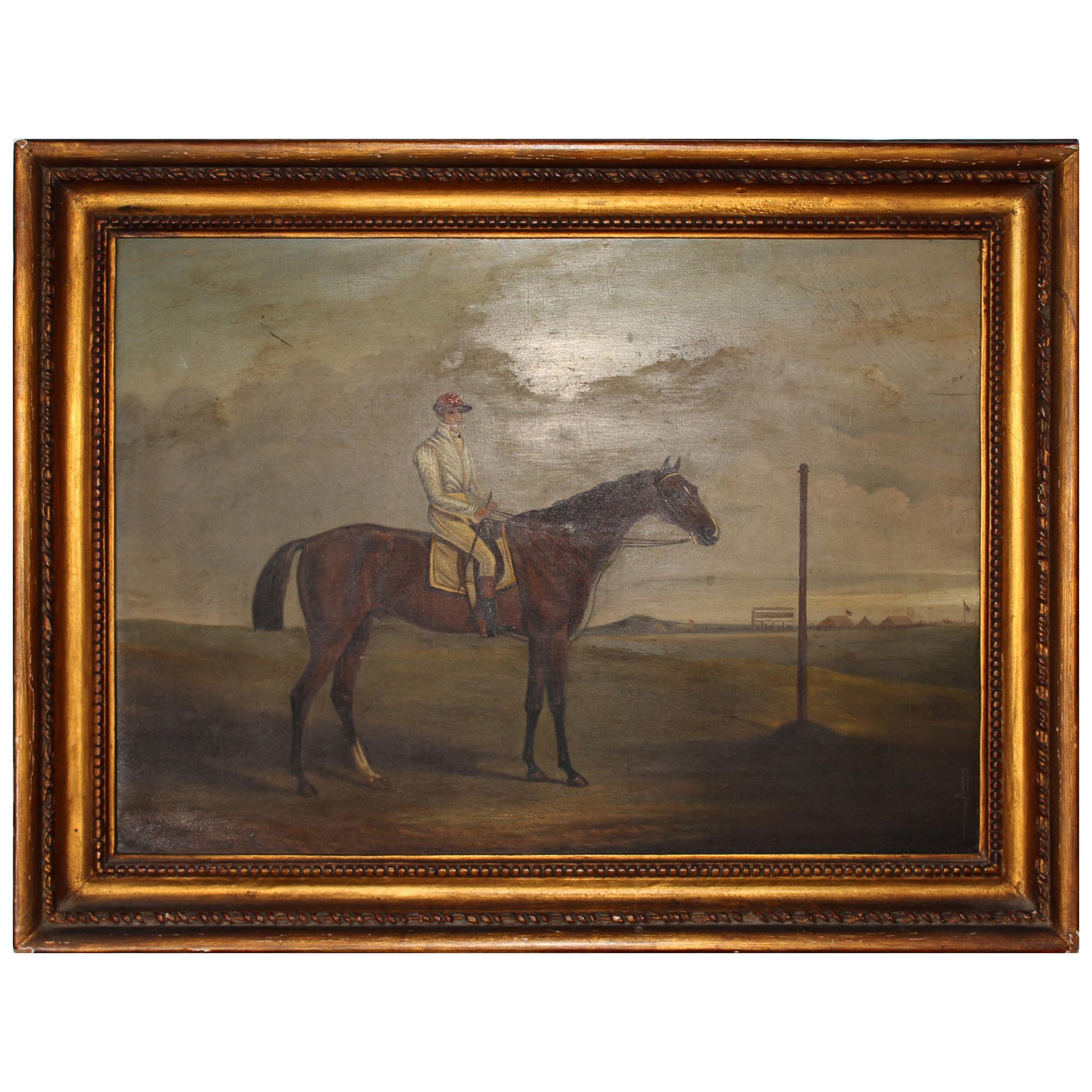 19th Century Racing Jockey Oil on Canvas Painting, Firmado Por Jhon E. Ferneley