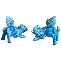Pair of 19th Century Turquoise Porcelain Dogs of Fo