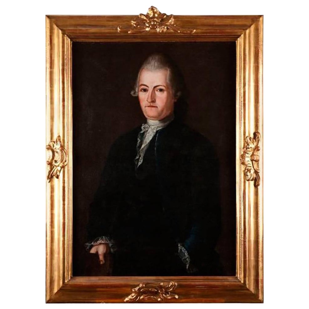 1700s, Portrait of a Gentleman in a Black Jacket with Gold Guilden Wooden Frame For Sale