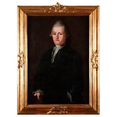 Antique 1700s, Portrait of a Gentleman in a Black Jacket with Gold Guilden Wooden Frame