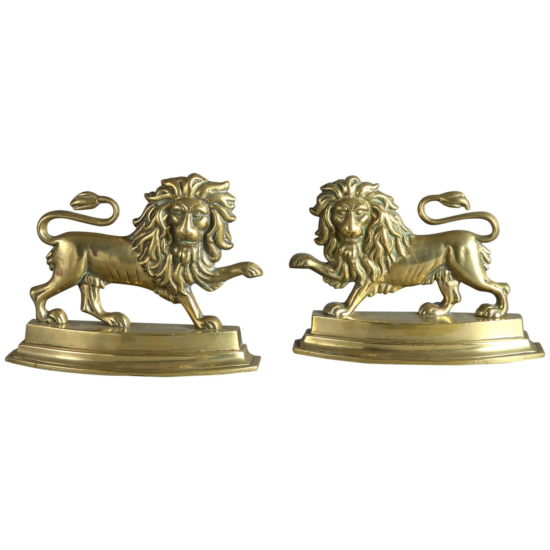 19th Century Pair of Brass Lion Doorstops