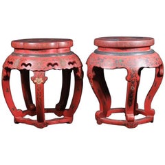 1800s Pair of Chinese Red Lacquered Wooden Stools