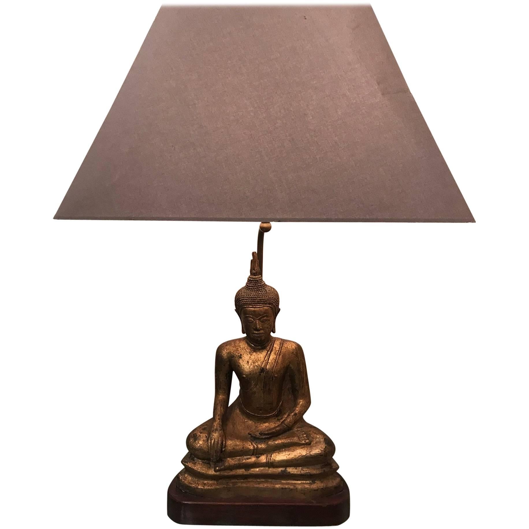 French 1970s Gilded Metal Seated Buddha Lamp For Sale