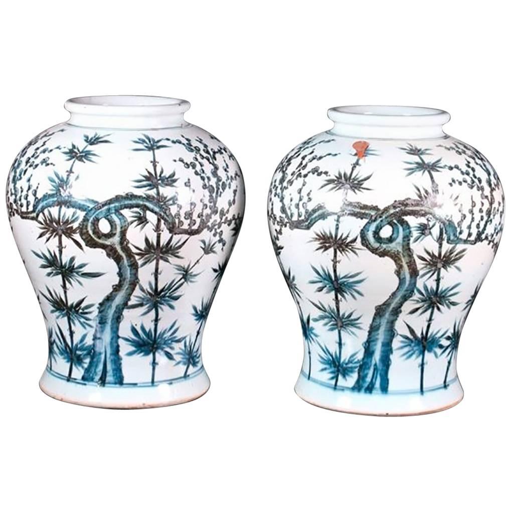 Pair of Blue Cobalt Enameled Chinese Vases
