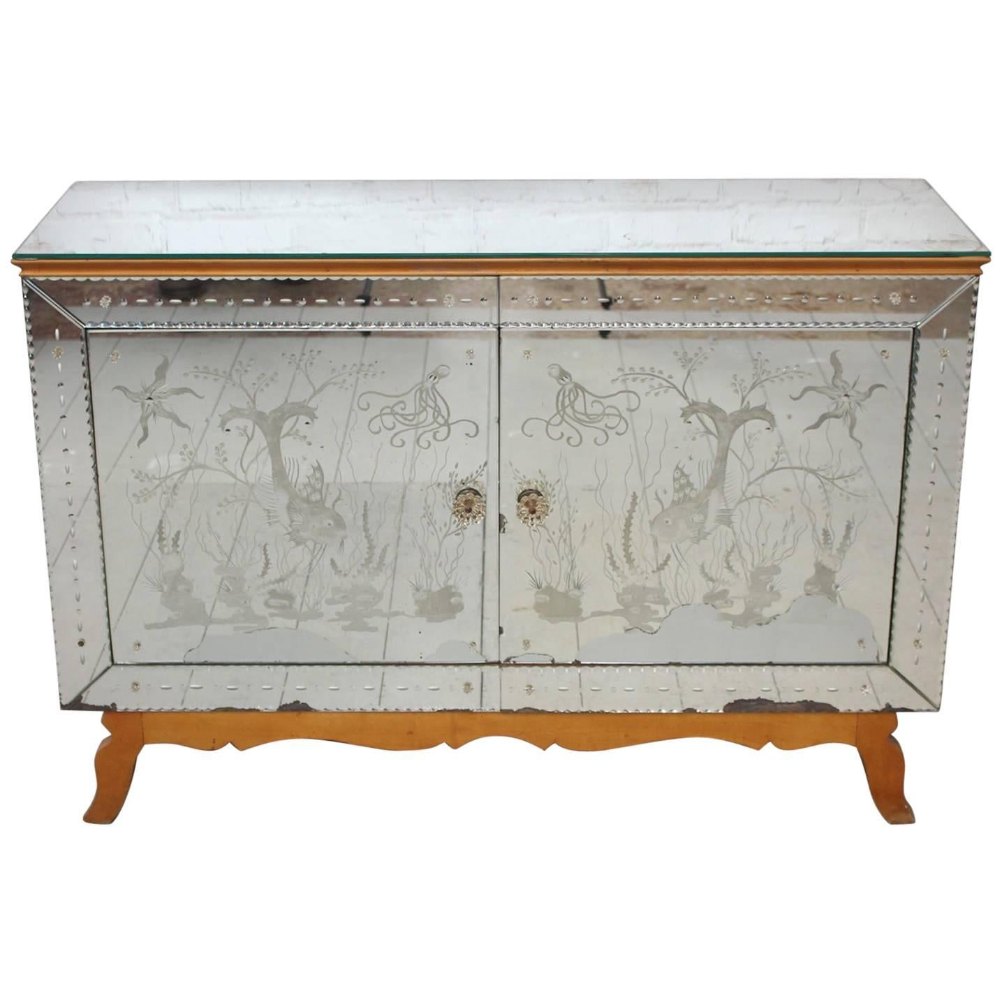 Midcentury Etched, Mirrored French Sideboard Cabinet