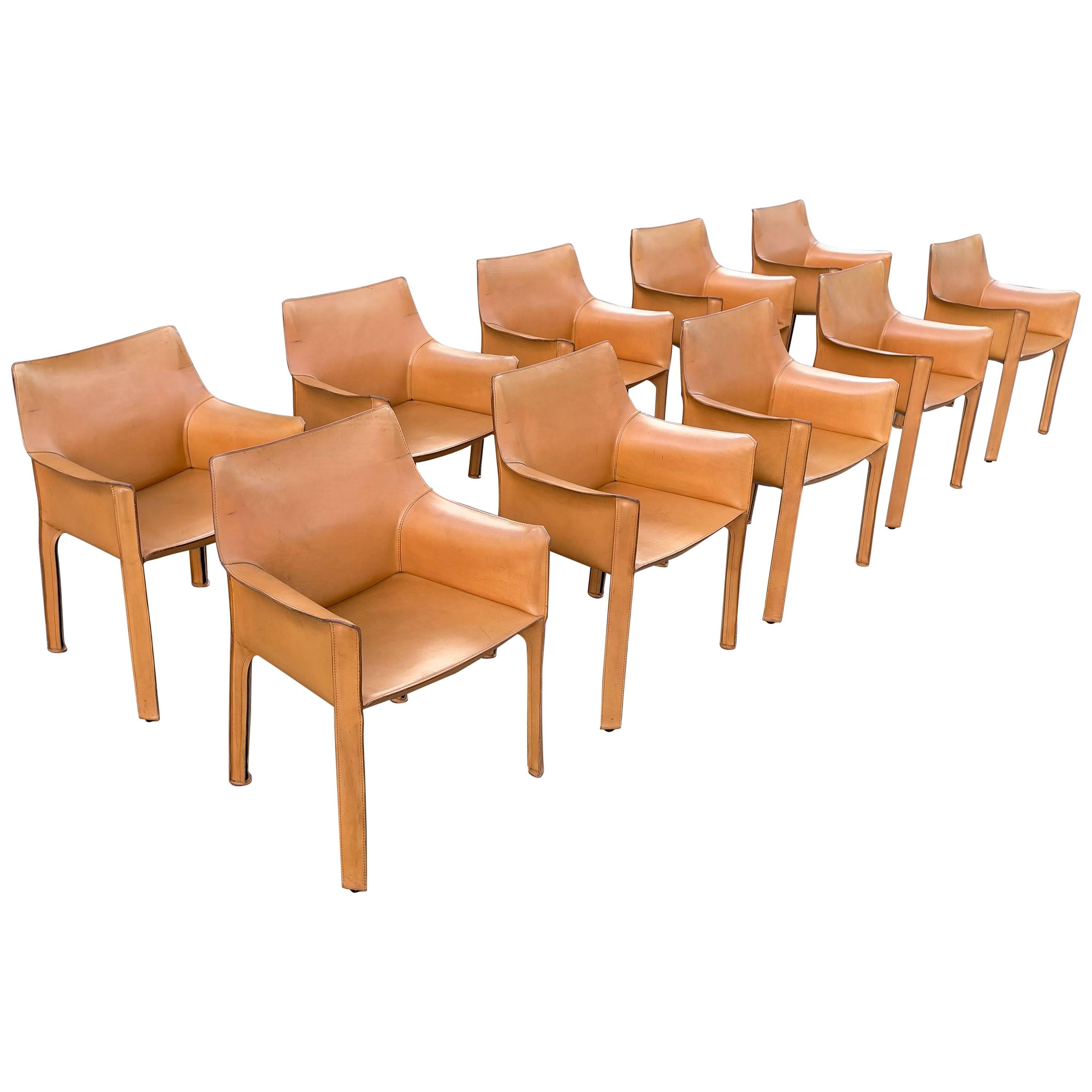 Set of Ten Cab Dining Chairs by Mario Bellini for Cassina in Cognac Leather