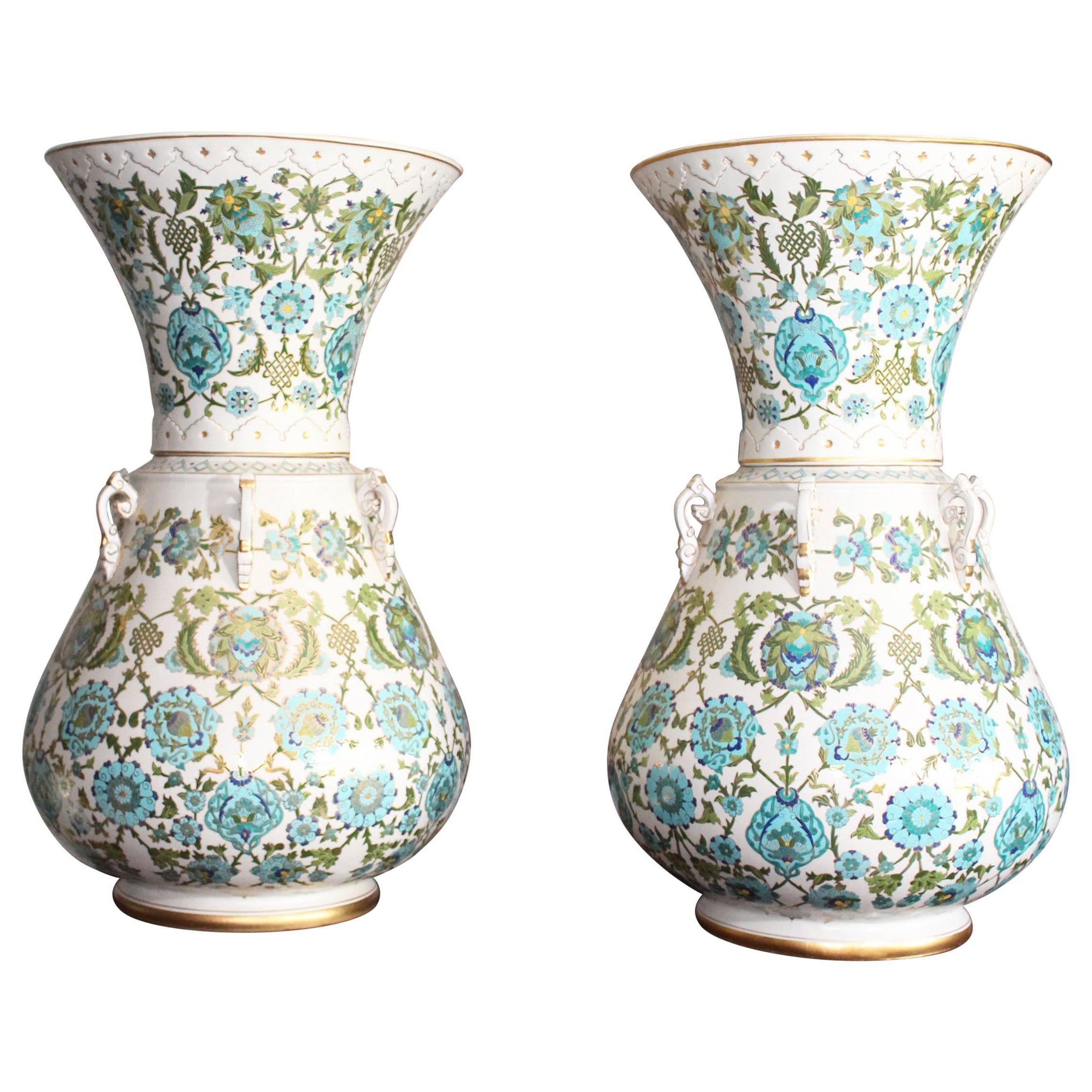 Pair of Mosque Porcelain Lamps with Gilded and Enameled Floral Patterns