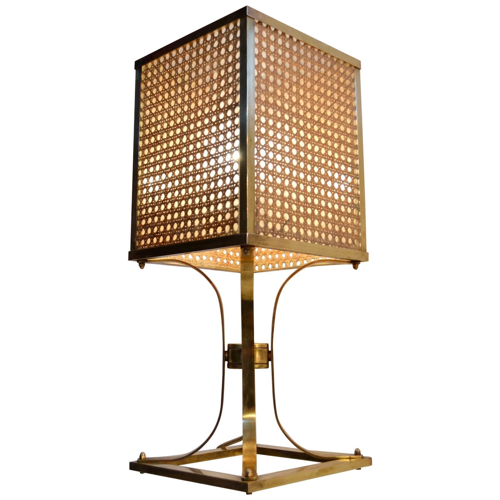 Brass Lucite and Rattan Table Lamp Italy 1970s 